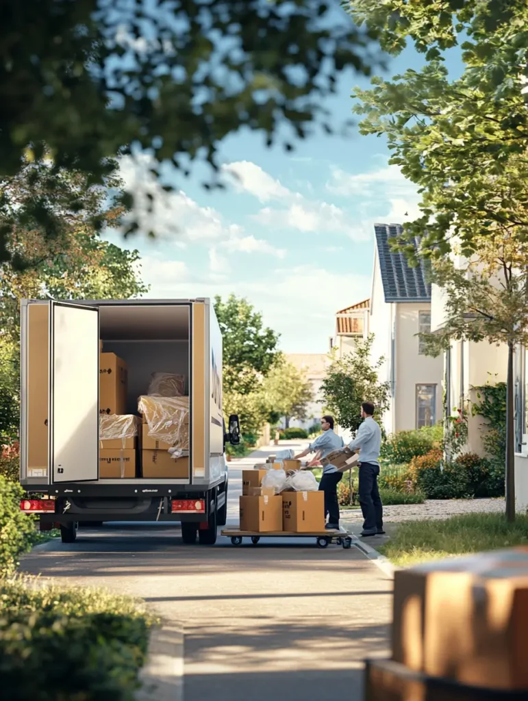 Deux déménageurs professionnels transportant des cartons vers un camion de déménagement stationné dans une rue résidentielle verdoyante.
